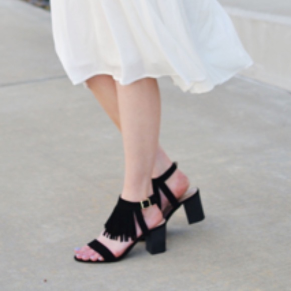 Black Suede Leather Boho Fringe Block Heel Sandals - Picture 1 of 2